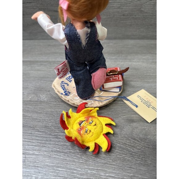 Annalee Doll Society Logo 1992 School Girl Denim Overalls Books Apple Sun Pin - Picture 12 of 12